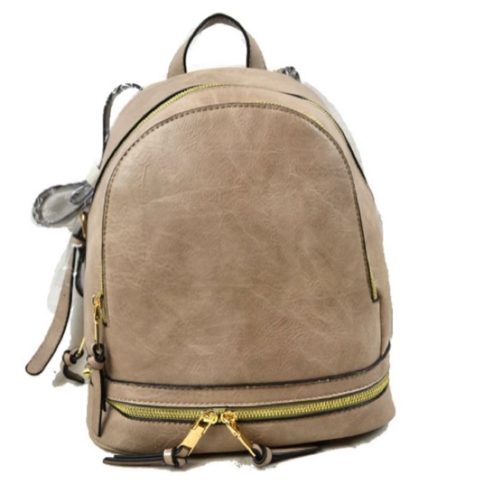Beige Faux Leather 3 Zipper Backpack